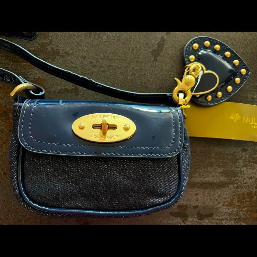 👜MULBERRY Navy Blue Denim Quilty & Patent Vegan Leather Mini Crossbody Bag💙💛